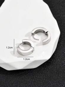 1 Pair Fashionable Stainless Steel Round Hoop Earrings, Minimalist Style Unisex Jewelry Suitable For Daily Wear, Travel, Decoration - Silver - View 3