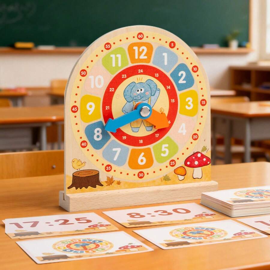 Drewniany model zegara, pomoc dydaktyczna do nauki czasu bez prądu z kartami, zabawka edukacyjna rozwijająca matematykę, zdolności poznawcze i świadomość czasu | Idealny do szkoły, domu, szkoły i na prezent świąteczny. Idealny prezent urodzinowy dla chłopców i dziewcząt.