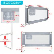 Bed Rail, 150/180/200 Cm Bed Rail, Fall Protection, Height Adjustable, Grey