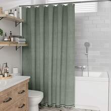 1 Elegant Sage Green Linen-Look Shower Curtain, 180x180 Cm With Tassels & 12 Hooks - 米色 - 查看 5