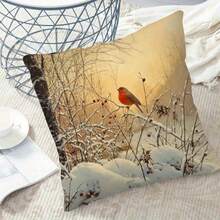 1pc Winter Bird Design Double-Sided Pillow Cushion - Modern Printed Snow Branches & Red Berries Pattern, 17.7" X 17.7", Zipper Closure, Machine Washable Polyester - Multicolor - View 7