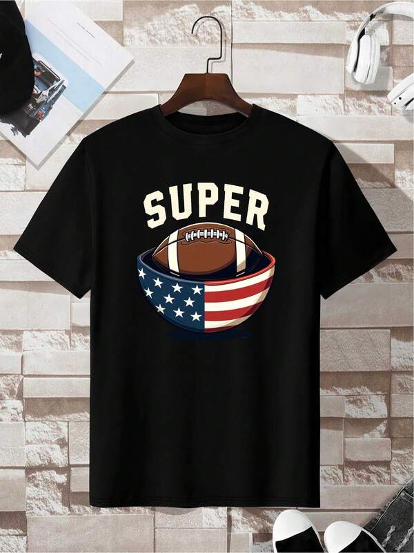Super Football American Flag Bowl Print Tee Shirt | Casual Short Sleeve T-Shirt For Men, Crew Neck, Slight Stretch Fabric, Regular Fit, Perfect For Summer