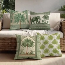 4 件套复古热带椰子树大象图案抱枕套，单面印花天鹅绒材质，45*45 厘米/18*18 英寸，适用于现代布艺沙发室内装饰、派对装饰、礼品 - 彩色 - 查看 3