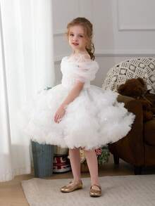 小女孩白色吊带露肩亮片手工串珠网纱优雅圣诞派对A字连衣裙，公主裙，适合女孩生日派对、宴会、舞会、婚礼花童、复活节、毕业典礼等场合 - 白色 - 查看 7