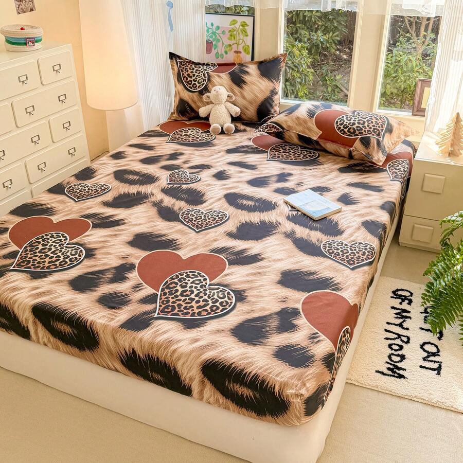 三件套床上用品，可爱豹纹爱心图案，柔软舒适，包含1个床笠和2个枕套，不含填充物，适合宿舍、卧室、家庭使用，多种尺寸可选 - 咖色 - 查看 1