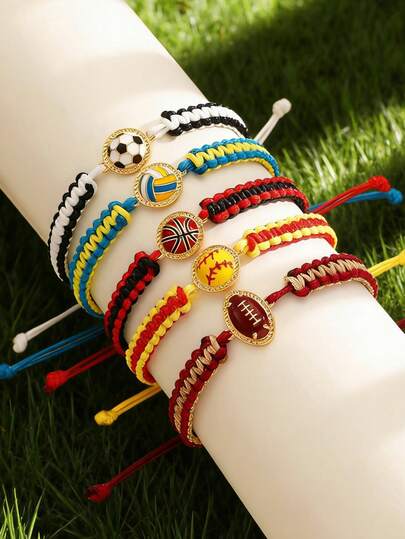 Bracelet de corde réglable tressé de style sportif personnalisé avec pendentifs de rugby, volley-ball, basket-ball, football et tennis. Bracelets pour femmes, idéal pour le quotidien, la Saint-Valentin, les vacances, les festivals. Cadeaux pour femmes, bijoux pour femmes, cadeaux pour la meilleure amie, plage d'été