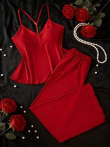 两件套女士性感内衣套装，纯色露背上衣，配有可调节肩带；舒适弹力短裤，饰有蕾丝花边，性感睡衣套装 - 酒紅色 - 查看 4