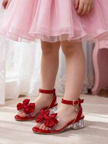 1 Pair New Children's Sandals, Fashionable High Heel Sandals, Pretty Girl's Choice, Rhinestone Bow Tie Sandals, Bohemian Style, Perfect Princess Sandals Design, Red High Heel Dance Sandals, High School & College Student Sandals - Red - View 2
