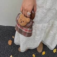 1pc Cute Panda Design Children's Crossbody Bag, Retro Plaid Stylish Handbag, Makeup Bag - Brown - View 8