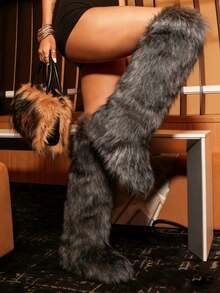 Women Fashionable Winter Christmas Furry Knee High Long Boots Pull-On Faux Fur Round Toe Boots Warm Knee High Boots Outdoor Flat Shoes Party Casual Winter Fall Boots - Xám - Xem 2