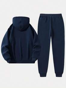 2pcs/Set Men's Casual Cartoon Paris Letter Drawstring Pocket Hoodie And Drawstring Sports Pants Suit