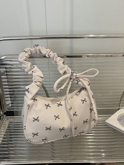 1pc White Corduroy Fabric Smooth Zipper Bow Print Drawstring Shoulder Strap Design Fashion Versatile Casual Solid Color Minimalist Autumn/Winter New Unique Shoulder Bag, Suitable For Women's Daily Use