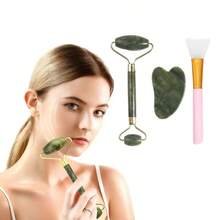 Set de 3 piezas de herramientas de belleza de jade - Rodillo de jade + Tabla Gua Sha de cuerno de buey + Cepillo para mascarilla facial, de textura fina y fácil de usar - Adecuado para el cuidado diario de la piel, el cuidado de la mascarilla facial y el cuidado facial - Conjunto práctico de cuidado de la piel - Cepillo para mascarilla facial | Cepillo de silicona para mascarilla facial | Cepillo mezclador | Aplicador de mascarilla facial | Herramientas de belleza | Tabla Gua Sha - Multicolor - Ver 3