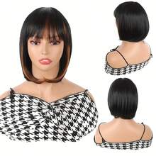 Peluca corta y recta con flequillo, de diseño elegante, de material de fibra resistente a altas temperaturas, en color negro y marrón mezclados, para mujeres - Multicolor - Ver 4