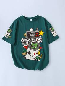 复古机器人和游戏手柄印花套头衫，圆领短袖，适合夏秋穿着，新款男童服装