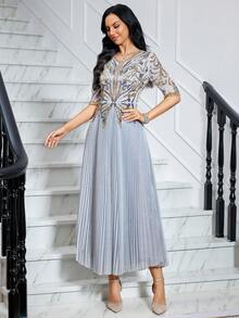 JINLICX 灰色V领亮片褶裥半身裙 - 派对鸡尾酒会晚礼服 - 銀色 - 查看 3