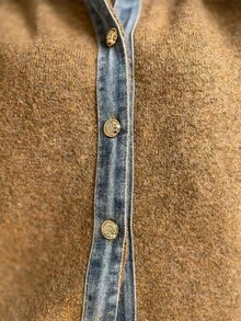 Women's  Brown Knit Denim Panel Collared Cardigan: Long Sleeve Button Front - Ideal For Daily, Commute, Outings & Women's New Year Outfits - 咖啡棕 - 查看 5