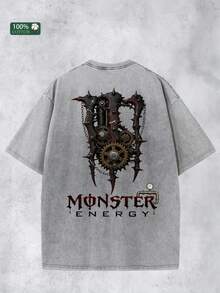 MONSTER ENERGY Steampunk Gear & Claw Graphic Print 100 Percent Cotton Mens Clothes Summer Outfits Featuring Front Compact Steampunk Gear Motif With Intricate Red And Black Mechanical Detailing, Back Oversized Claw-Style Graphic Adorned With Interlocking Gears, Rustic Chains, Spiked Accents And A Central Industrial Gear Core, Complemented By Bold "MONSTER ENERGY" Text In A Distressed Gothic Font With Subtle Mechanical Accents, Crafted From Premium 100% Cotton For All-Day Breathability And Comfort, Designed To Resist Fading And Maintain Vibrancy Through Repeated Summer Wear And Washes, Ideal For Comfortable Daily Casual Wear, Leisure Occasions, Outdoor Hangouts, Music Festivals And Enthusiasts Who Appreciate Edgy Steampunk Aesthetics, Bold Branding And High-Quality Construction, A Standout Summer Wardrobe Piece That Combines Industrial Mechanical Design With Iconic MONSTER ENERGY Branding, Perfect For Gifting To Fellow Fans Of Bold Graphics And Casual Summer Style - 灰色 - 查看 3