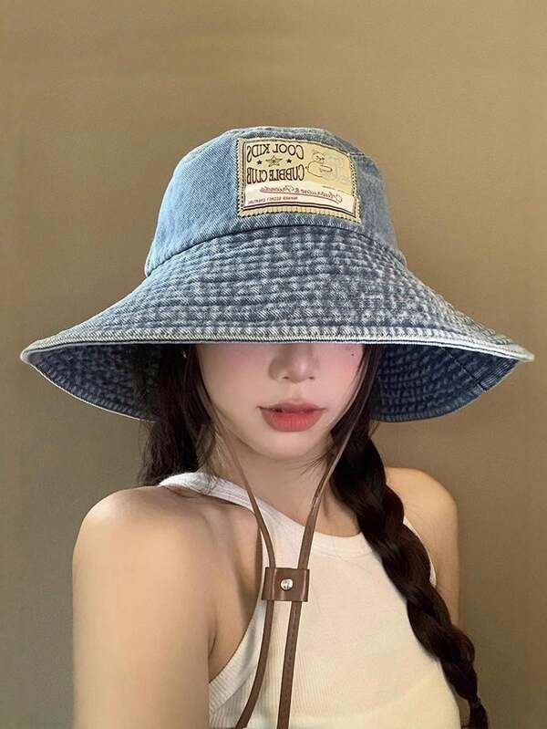 1顶新款印花牛仔布渔夫帽，女士款 - 复古水洗宽檐帽 - 修饰脸型 - 防晒 - 休闲 - 涤纶