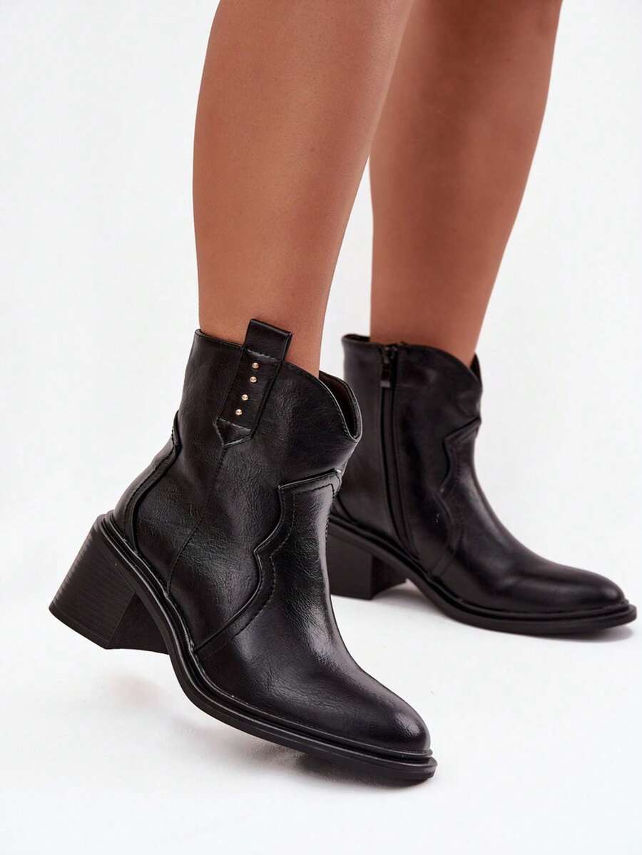 Stivaletti alla caviglia da donna in pelle sintetica con tacco massiccio, con cerniera, isolati, stabili e confortevoli, ideali per stili quotidiani ed eleganti, colore nero - nero - Visualizzare 1