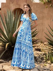 Faeriesty 优雅女士心形领连衣裙：波西米亚风刺绣印花连衣裙，泡泡袖，修身胸衣，层叠荷叶边下摆，腰部饰以精致点缀——完美适用于花园婚礼、波西米亚风新娘写真、私奔之旅、浪漫周年庆典、乡村户外活动等夏季场合。 - 藍色 - 查看 3