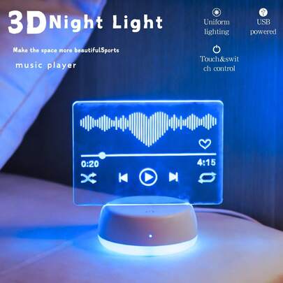 1pc Modern Creative Music Player 3D Night Light, 3D Visual Illusion Lamp With Switch & Touch Control, Multi-Color Atmosphere Light, Suitable For Bedroom, Kids Room, Bedside, Living Room Home Decor, Illuminating Birthday Holiday Gift, Ideal For Music Lovers Holiday Birthday Present