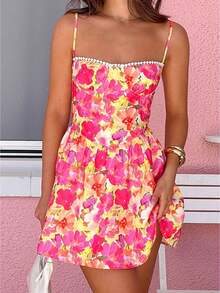 Women Mini Dress Floral Print Spaghetti Strap Cami Dress Summer Fashion Sleeveless Casual Dress - 花色 - 查看 1