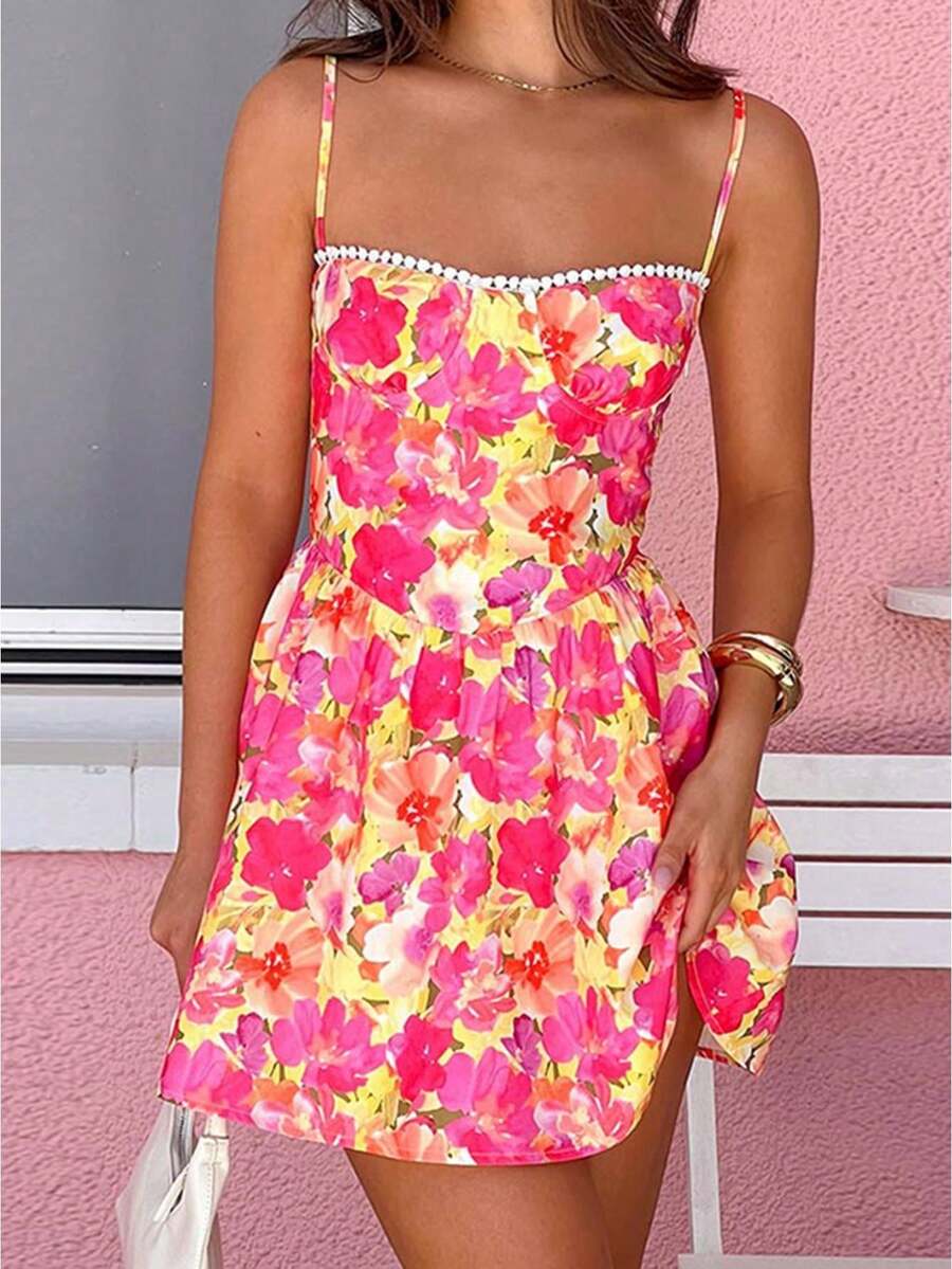 Women Mini Dress Floral Print Spaghetti Strap Cami Dress Summer Fashion Sleeveless Casual Dress - 花色 - 查看 1