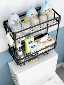 1-Piece Bathroom Storage Rack Set - Wall Mounted Floating Rack With 2 Hooks And Toilet Paper Holder, Sturdy Metal Toilet Storage Rack For Toiletries, Towels, And Decorations, Multifunctional Space Saving Solution For Bathroom Vanity, Toilet, And Toilet, Perfect Holiday Gift - 黑色 - 查看 2