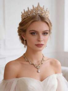 4件套优雅奢华水钻女王皇冠项链耳环新娘婚礼配饰套装，皇冠，头饰，头饰，发饰，花环 - 彩色 - 查看 2