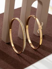 2pcs Vintage French Rhinestone Bow Bangle Bracelet Set, For Women, Suitable For Valentine's Day, Daily Wear, And Dates - Yellow Gold - View 1