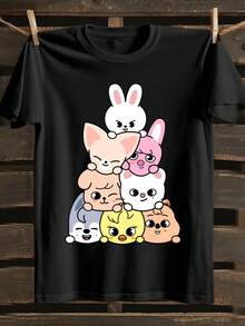 Novelty Adult Cotton Short-Sleeve T-Shirt With Kpop Group SKZ - Breathable Loose Fit Casual Summer Tee For Outdoor Activities - 黑色 - 查看 6