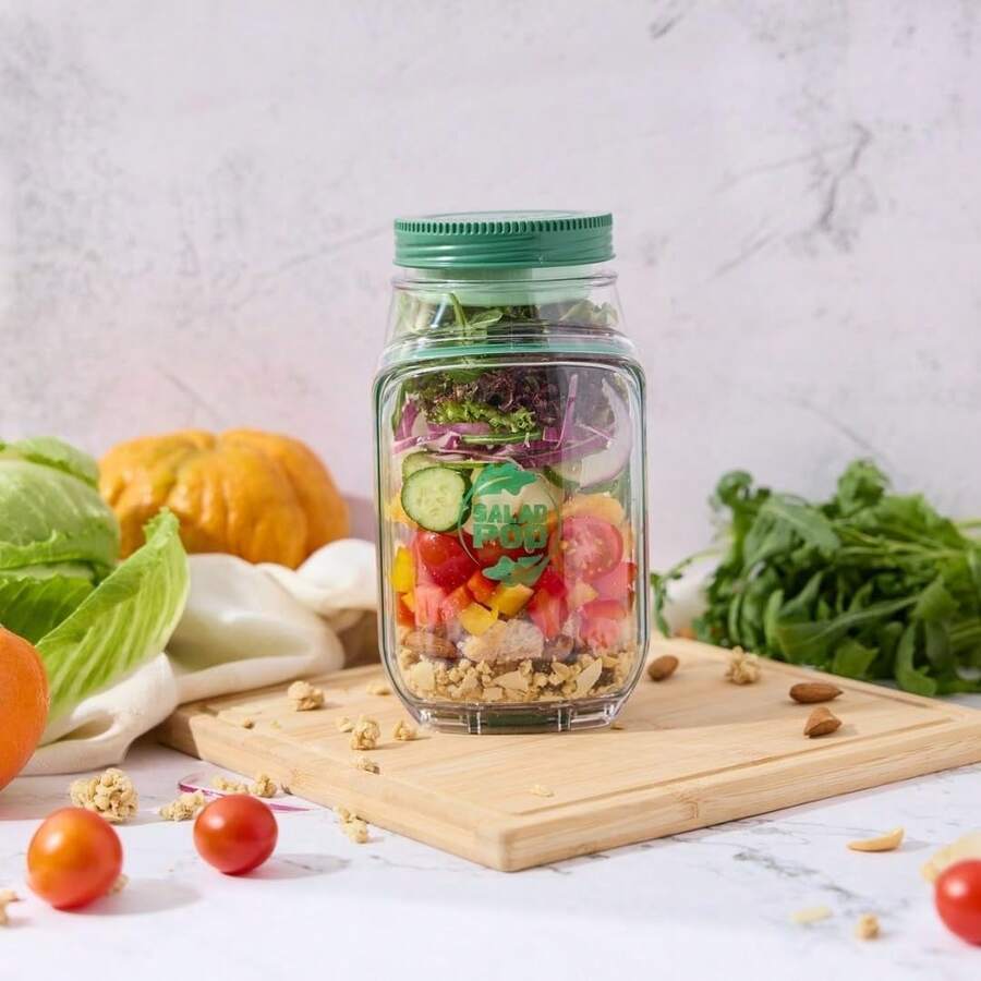 ORIGINAL SALAD POD- Salad Pod Mason Jar Side Open, Original Salads Jar With Side Opening For Lunch, Portable Salads Dressing Container With Lid For Travel Leakproof Dressing Compartment Microwave - 透明 - 查看 1