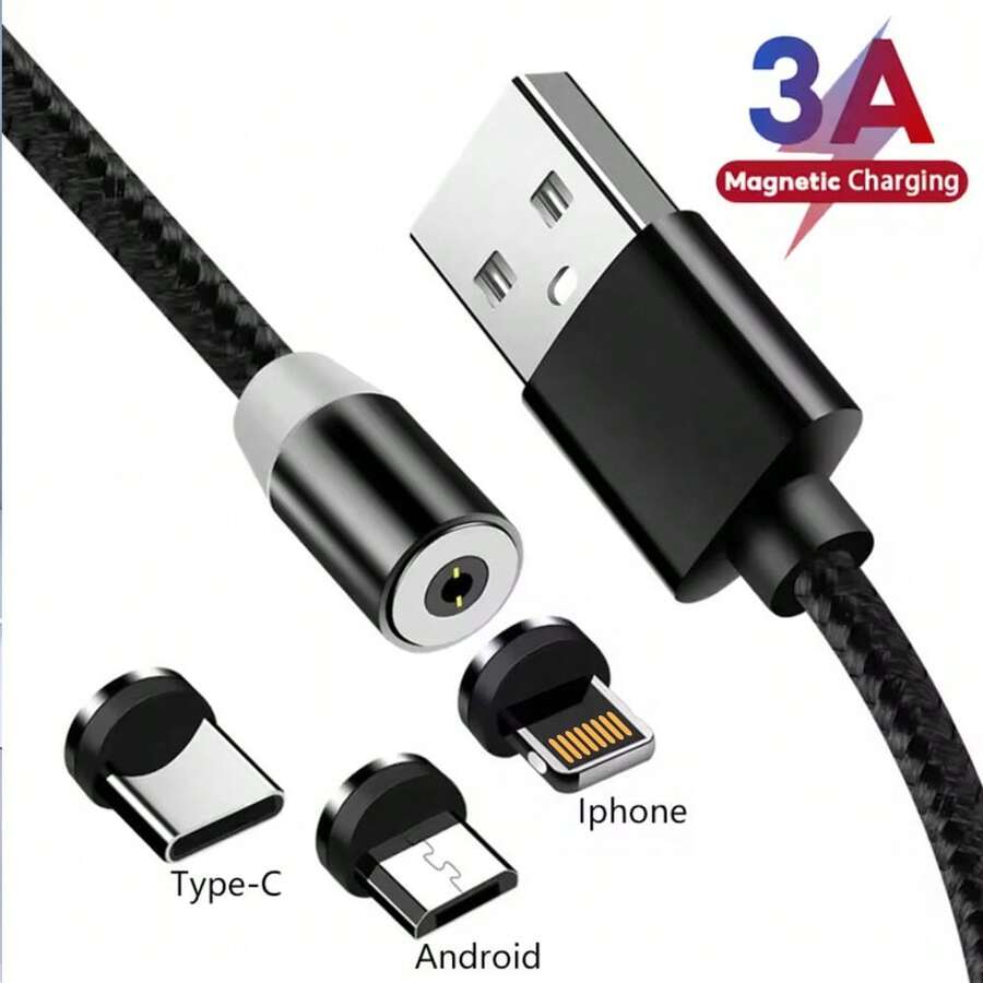 1pc 3A Magnetic USB Cable, Fast Charging Adapter Cable Compatible With IPhone 17/16/15/14/13/12/11/XS/XR, S25/S24/S23/S22/S21/S20, Compatible With IPad Series Fast Charge Cable - Multicolor - View 1