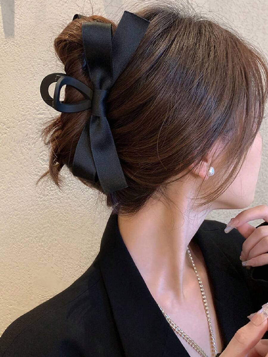 1pc Women's Black Bowknot Plastic Hair Claw - Cross Gripping Design Hair Clutch Catcher Clip, Ideal For Daily Use College School, Fall Winter Vacation Outfits Women's Bow Hair Accessories