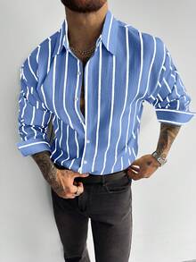 GloMan 男士经典黑白条纹长袖衬衫，亚麻质感休闲办公通勤衬衫，四季皆宜的经典款式，圣诞节新年礼物，母亲节礼物 - 藍白色 - 查看 6