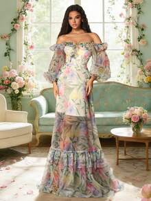 VIPGIRL New Arrival Blue Lantern Sleeve Off-Shoulder Printed Elegant High-End Design Mesh Women's Evening Gown - Green - View 3