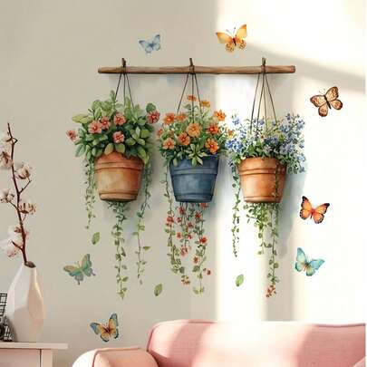 1 件盆栽花卉贴纸 - 春季，3 桶花卉装饰画，PVC 材质，自粘式，无需胶水，适用于玻璃表面、客厅、卧室、浴室装饰、家居装饰