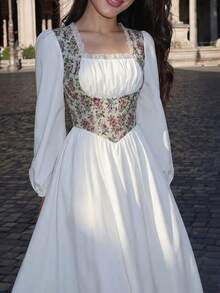 女士白色飘逸中长连衣裙 | 长袖方领花卉刺绣棉质连衣裙，适合约会和活动 - 白色 - 查看 9