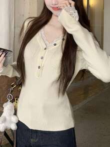 女士优雅V领蕾丝拼接打底毛衣，法式针织上衣，适合秋冬季穿着