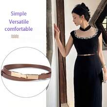 2026 New Women's Gold Alloy Buckle Thin Waist Belt, Adjustable, Minimalist & Fashionable PU Leather Belt In Black Or Brown, Suitable For Casual, Office, Daily Commute, Perfect Match With Jeans, Skirts, All Seasons, Great Gift For Christmas, Valentine's Day, Birthday, Anniversary - Multicolor - View 2