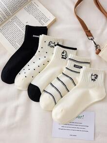5双装女士可爱透气狗狗图案隐形短袜/中筒袜，舒适柔软，白色/黑色，适合日常休闲穿着，秋冬季 - 彩色 - 查看 4