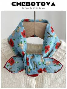 1条女士真丝围巾，小巧精致，碎花图案密集装饰，复古发带款式，适合搭配连衣裙