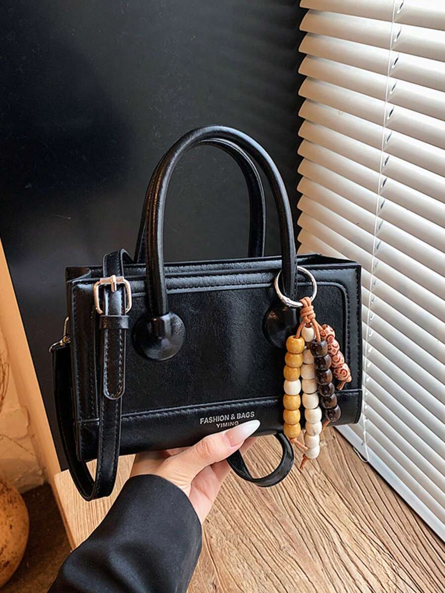 Women's High-Quality PU Leather Minimalist Structured Tote Bag With Beaded Charm, Casual Shoulder Bag - Black - View 1