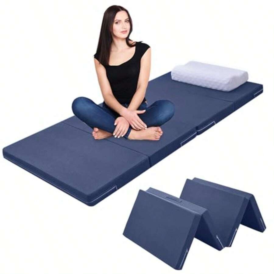 zxr Colchón Plegable de Espuma Viscoelástica Cama Portátil Colchoneta Seccionado en 4 Tapete de Siesta con Funda Lavable Colchón de Piso Pack and Play Almohadilla Individual Camping Invitado85 - Azul - Ver 1