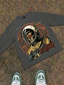 Y2k Astronaut Art Punk Long Sleeve Shirts ,Sky Double-Sided Printing,Christmas Style Graphic T Shirt Cotton,Fashionable Hip-Hop For Men -  Long Sleeve T-Shirts, Funny Vintage Shirts,Regular Fit, Street Style, Digital Print,  Ideal Gift - 深灰色 - 查看 2
