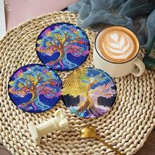 8件套钻石画杯垫带支架，DIY生命之树图案钻石画杯垫，适合成人和初学者的钻石画套装，钻石画工艺用品，精美礼品，送给朋友 - 彩色 - 查看 4