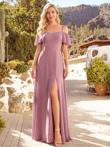 EVERPRETTY Elegant Off-Shoulder Chiffon Long Bridesmaid Dress In Soft Pink, Suitable For Weddings And Graduation Ceremonies - Dusty Pink - View 2