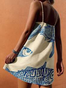 Starfish Bohemian Style Spring/Summer Beach Dress, Sardine & Letter Print Sleeveless A-Line Mini Dress, Women Brunch Set - Multicolor - View 4