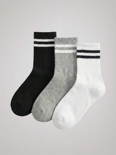 Officeau 1/3/6 Pairs Of Black/White/Gray Solid Color Double Striped Neutral Mid Calf Socks For Outdoor Activities, Casual Socks For Calves, Neutral High Socks Spring To Summer